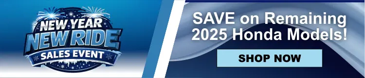 Graphic advertising the New Year, New Ride Sales Event at Conicelli Honda in Conshohocken, featuring a bold headline about savings on remaining 2025 Honda models with a call to action to shop now.