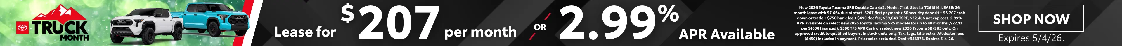 Conicelli Toyota Truck Month sales banner featuring Toyota trucks with lease offer of $207 per month or 2.99% APR financing, valid through May 4 2026.