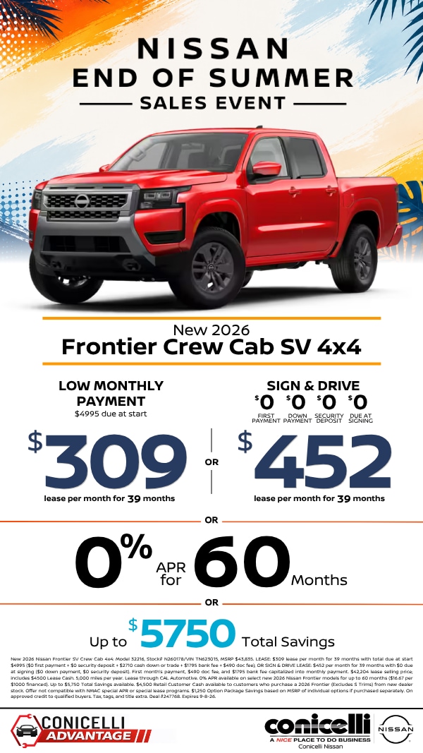 $309/mo. (OR $452/mo. with $0 due at signing) leases a New 2026 Frontier SV Crew Cab 4x4 at Conicelli Nissan!