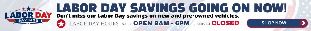 Labor Day Savings Going On Now at Conicelli — savings on new and pre-owned vehicles. Sales open 9 AM–6 PM; service closed. Shop Now.