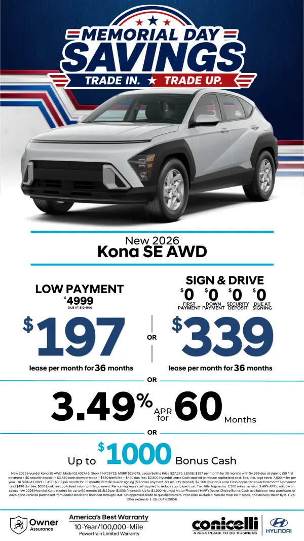 Lease a new 2026 Kona SE AWD for just $197/mo or Sign & Drive for just $339/mo. Claim this Special...