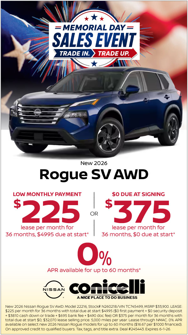 $225/mo. (OR $375/mo. with $0 due at signing) leases a New 2026 Rogue SV AWD! Claim This Special...