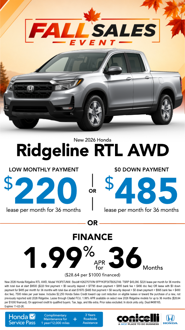 $220/mo. leases a New 2026 Ridgeline RTL AWD! or $485/mo. with $0 down. Claim this Special...