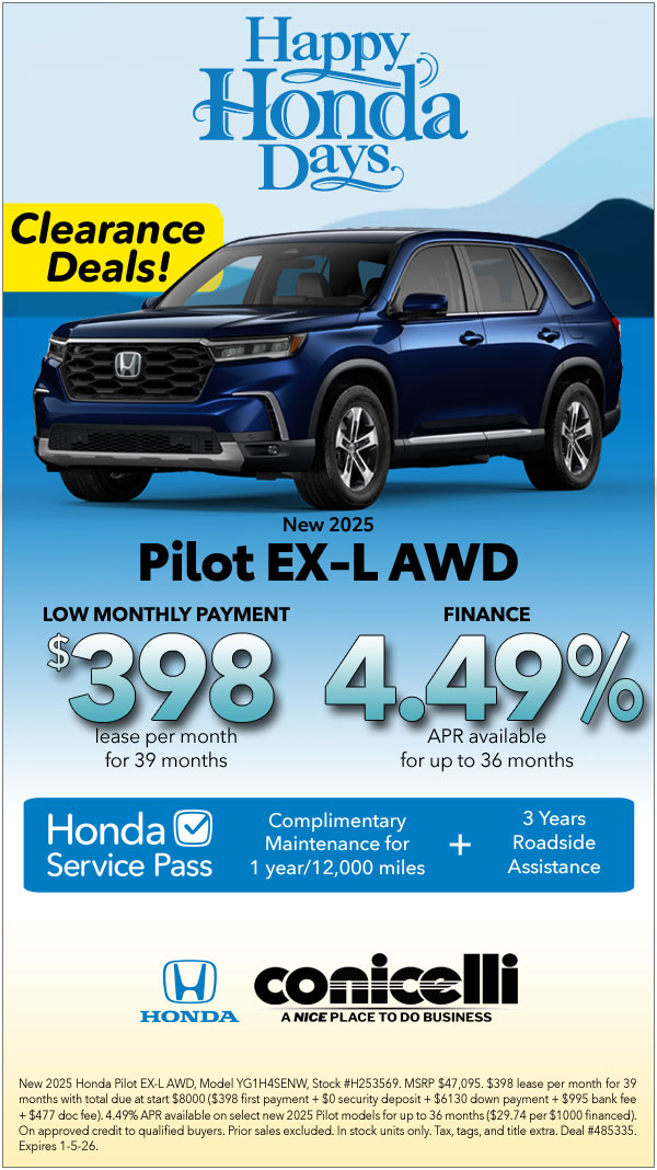 $398/mo. leases a New 2025 Pilot EX-L AWD! Claim this Special...