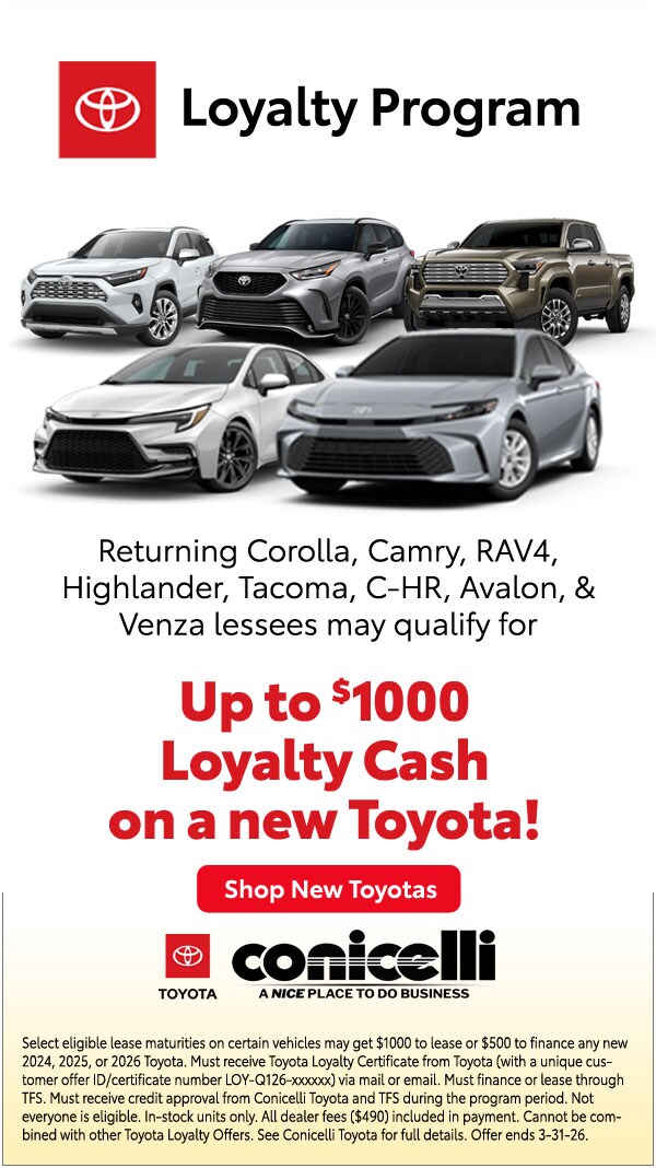 Up to $1000 Loyalty Cash available on any new Toyota! Shop New Toyotas...