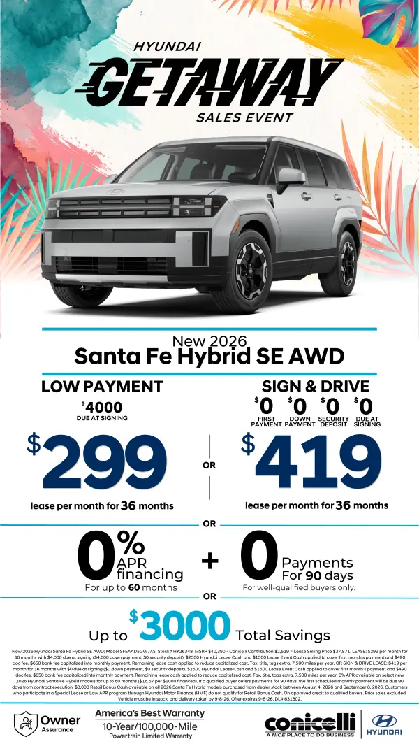 $299/mo. leases a New 2026 Hyundai Santa Fe Hybrid SE AWD! View Specials...