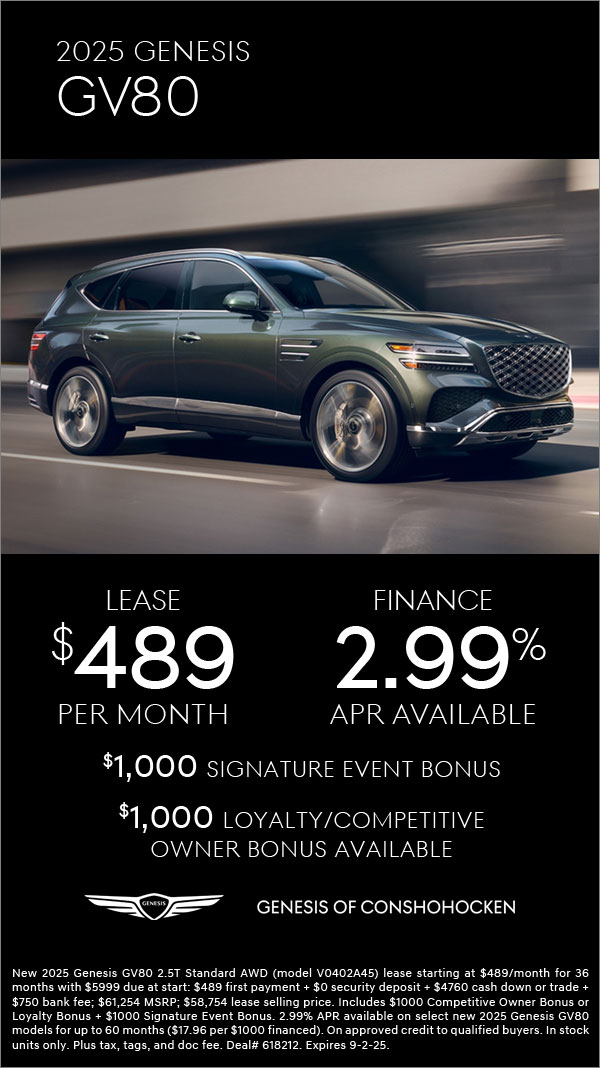 $489/mo. leases a New 2025 Genesis GV80! View Specials...