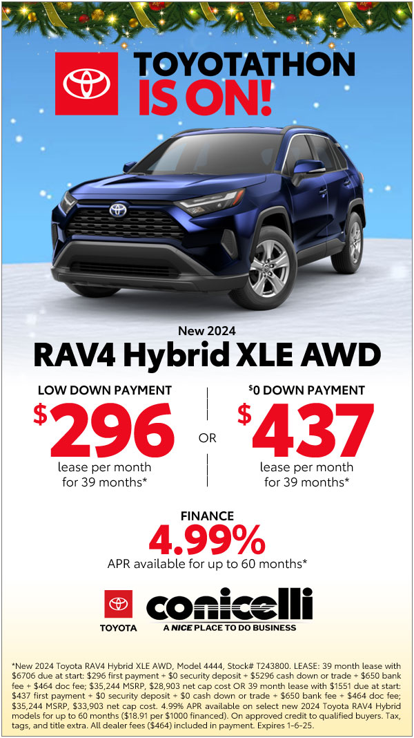 $296/mo. leases a New 2024 RAV4 Hybrid XLE AWD -Toyotathon Is ON! View all Specials...