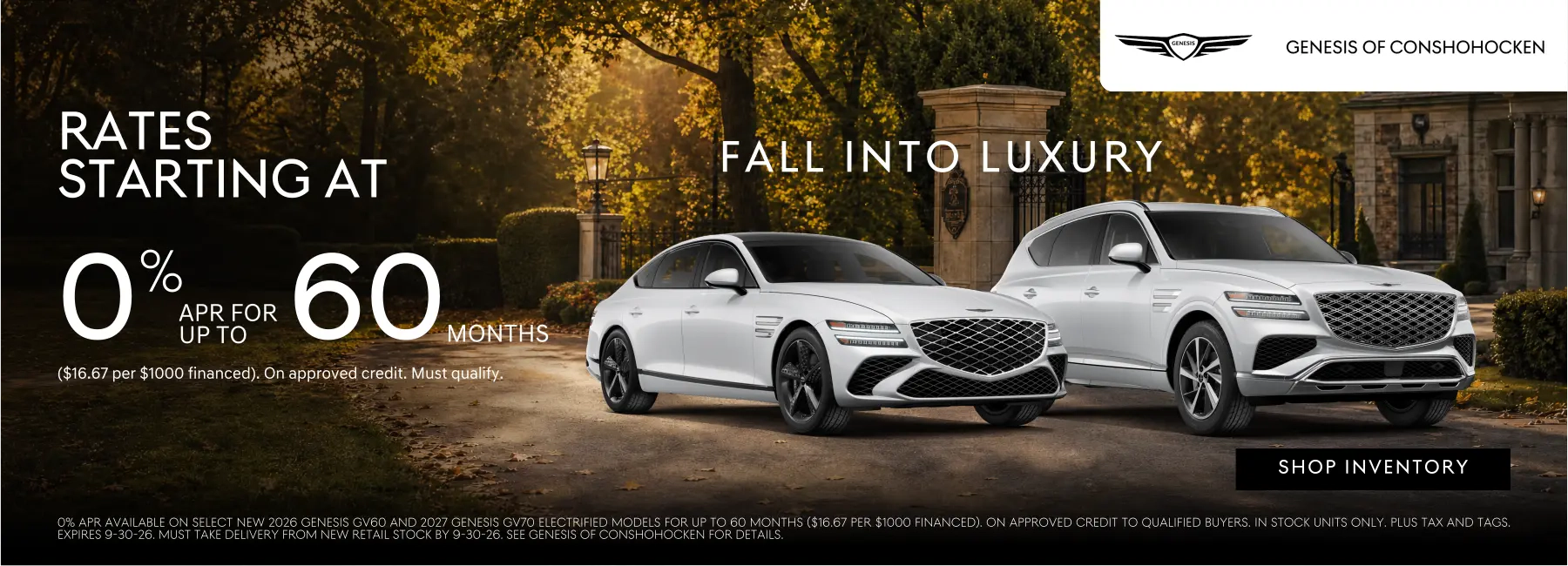 alt="Rates Starting at 0% APR for up to 60 mos. at Genesis of Conshohocken. Shop Inventory..."