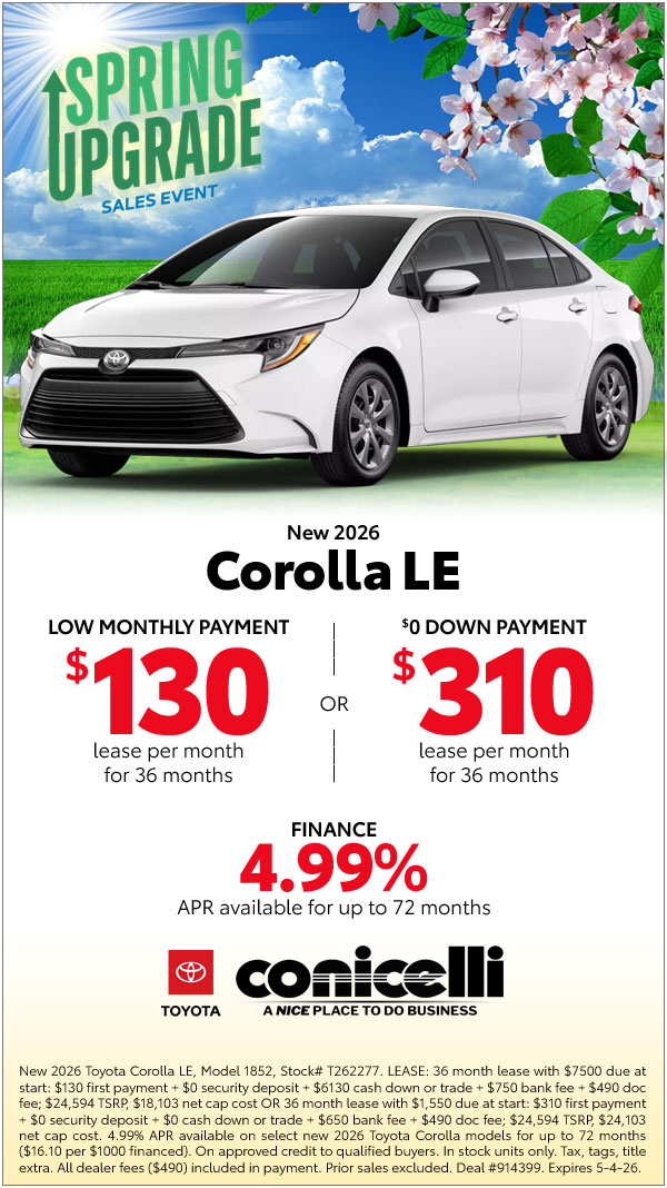 $130/mo. leases a New 2026 Corolla LE! View Specials...