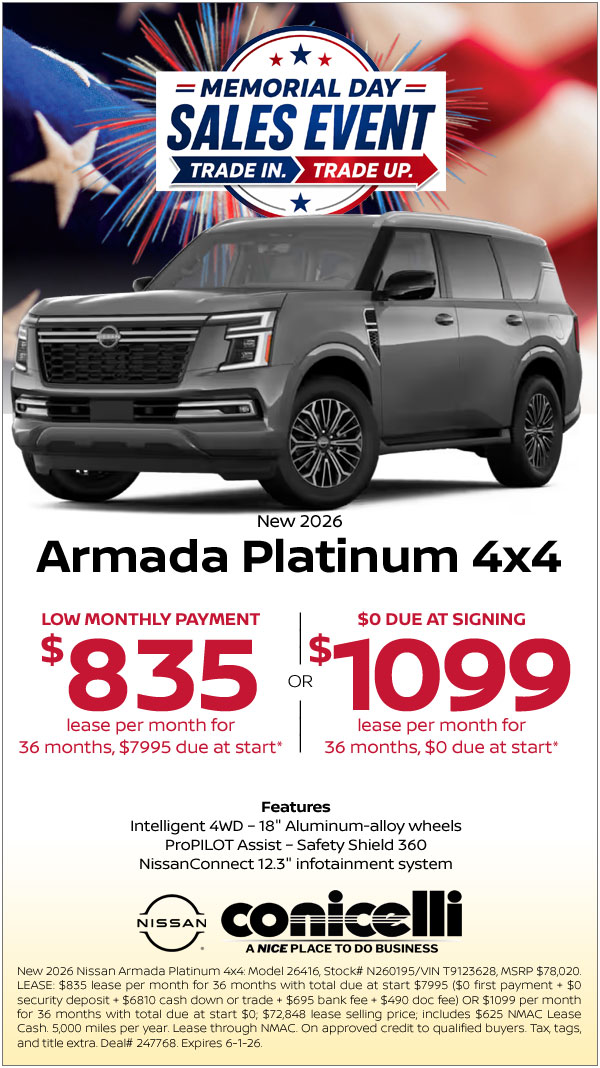 $835/mo. (OR $1099/mo. with $0 due at signing) leases a New 2026 Armada Platinum 4x4! Claim This Special...