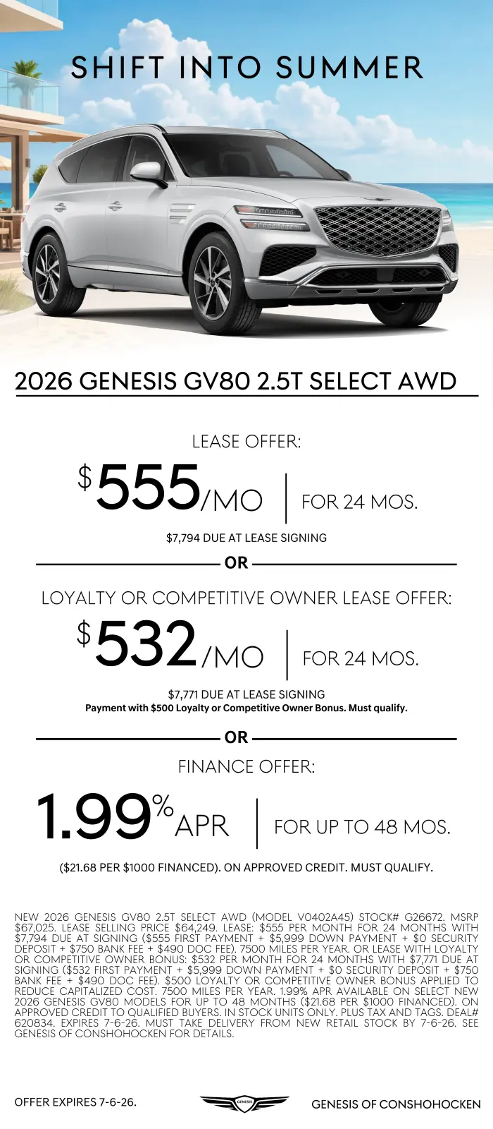 $555/mo. leases a New 2026 Genesis GV80 2.5T Select AWD at Genesis of Conshohocken. View All Specials...