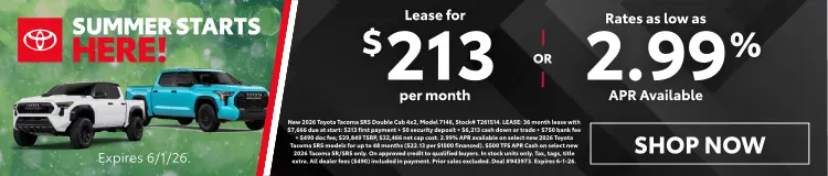 Conicelli Toyota Truck Month sales banner featuring Toyota trucks with lease offer of $213 per month or 2.99% APR financing, valid through June 1st, 2026.