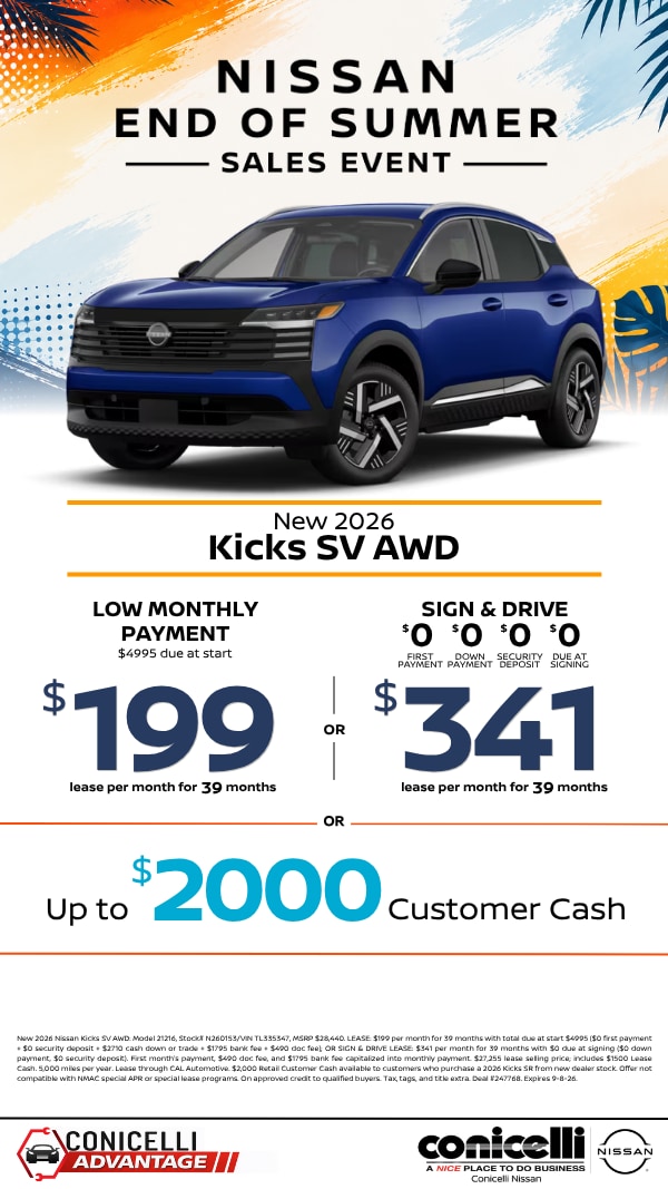 $199/mo. (OR $341/mo. with $0 due at signing) leases a New 2026 Kicks SV AWD at Conicelli Nissan! Claim this Special...