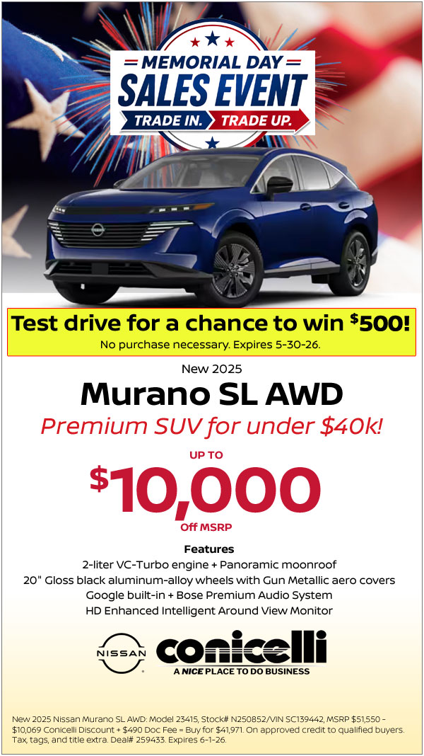 0% APR available on New 2025 Murano SL AWD or up to $10,000 off MSRP!