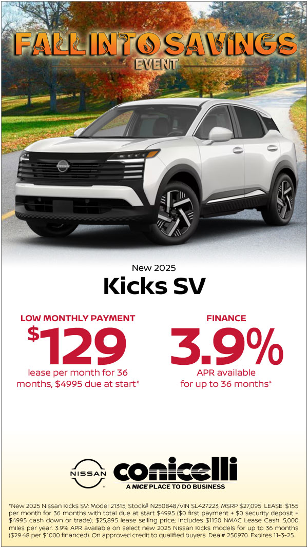 $129/mo. leases a New 2025 Nissan Kicks SV! Claim this Special...