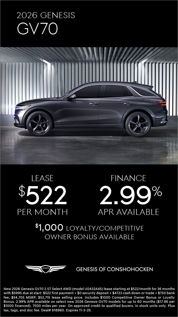 $522/mo. leases a New 2026 Genesis GV70! View Specials...