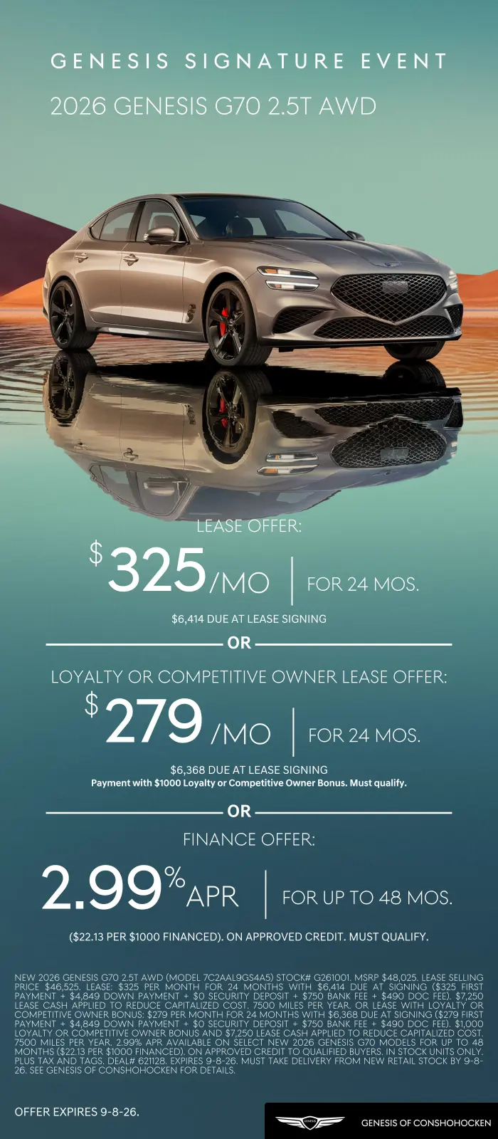 $325/mo. leases a New 2026 Genesis G70! View Specials...