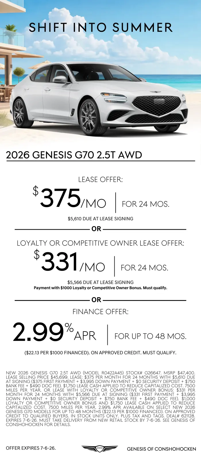 $375/mo. leases a New 2026 Genesis G70 at Genesis of Conshohocken. View All Specials...