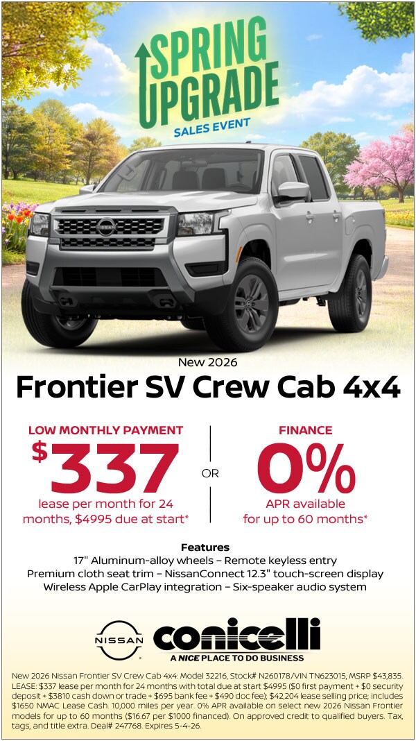 $337/mo. leases a New 2026 Frontier SV Crew Cab 4x4 at Conicelli Nissan!