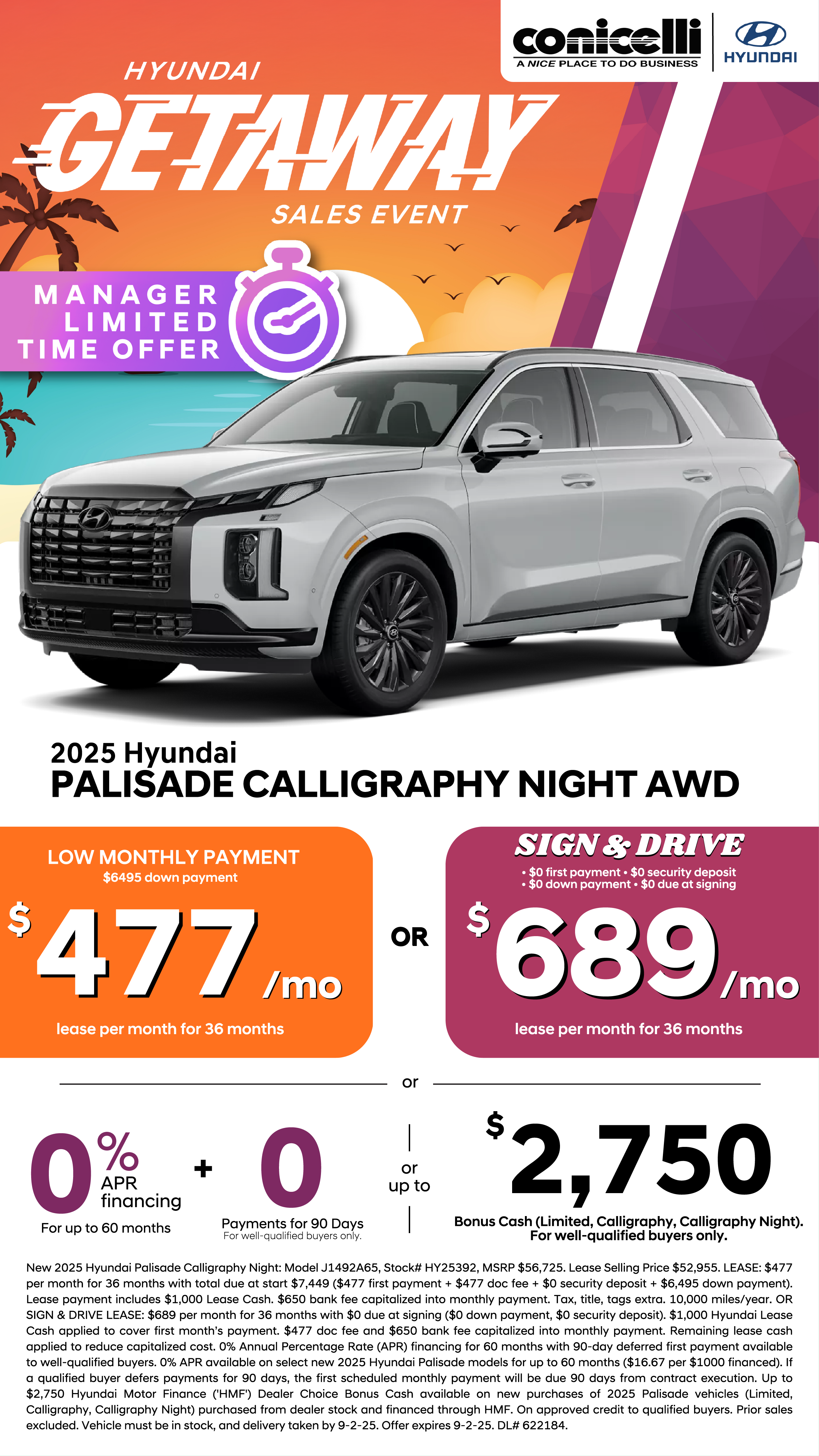 Lease a new 2025 Palisade Calligraphy Night AWD for just $477/mo. or Sign & Drive for $689/mo. Claim this Special...