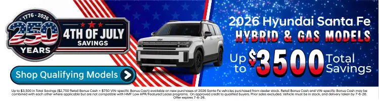 Graphic advertising up to $3500 total savings available on 2026 Hyundai Santa Fe Hybrid and Gas models at Conicelli Hyundai in Conshohocken Shop Qualifying Models Now...