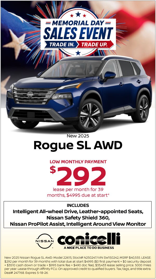 $292/mo. leases a New 2025 Rogue SL AWD at Conicelli Nissan! Claim this Special....