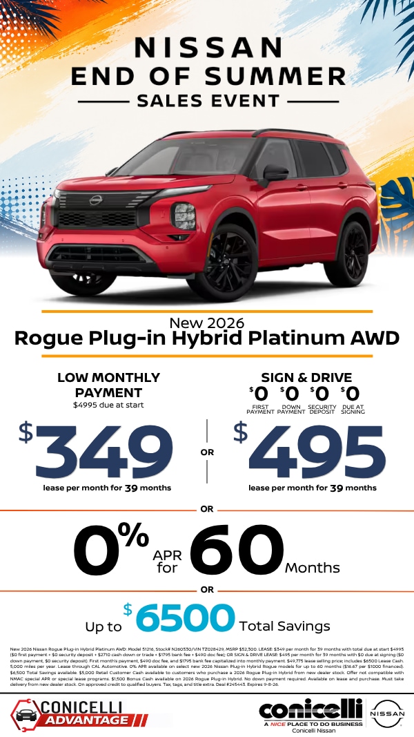$349/mo. (OR $495/mo. with $0 due at signing) leases a New 2026 Rogue Plug-in Hybrid at Conicelli Nissan! Claim this Special...