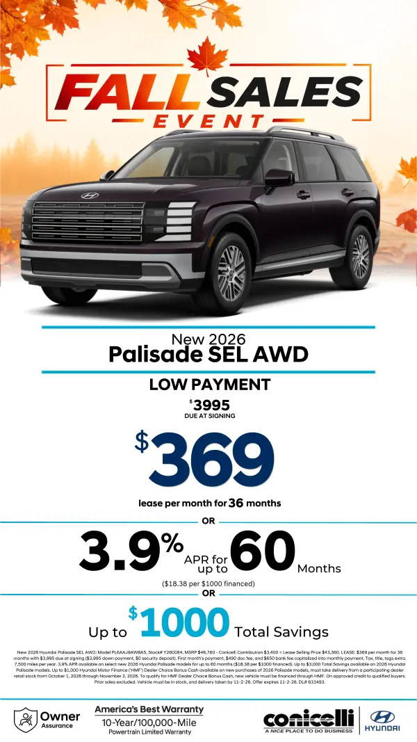 $369/mo. leases a New 2026 Hyundai Palisade SEL AWD! View Specials...