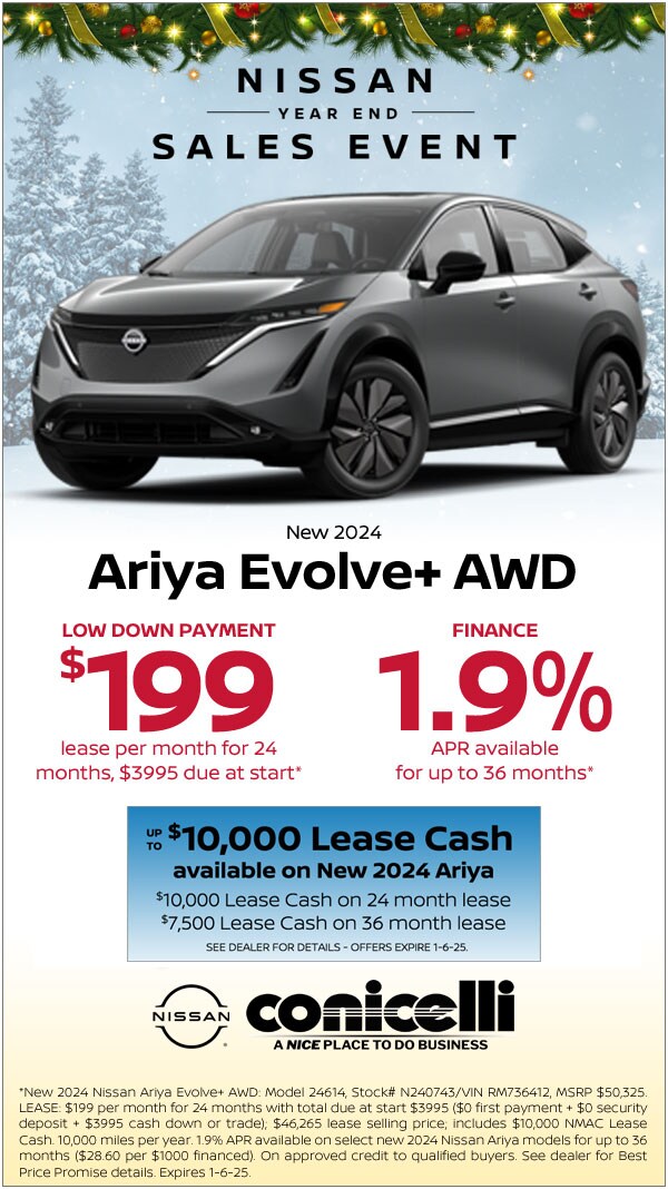 $199/mo. leases a New 2024 Ariya Evolve+ AWD during Nissan's Year-End Sales Event! Claim This Special...