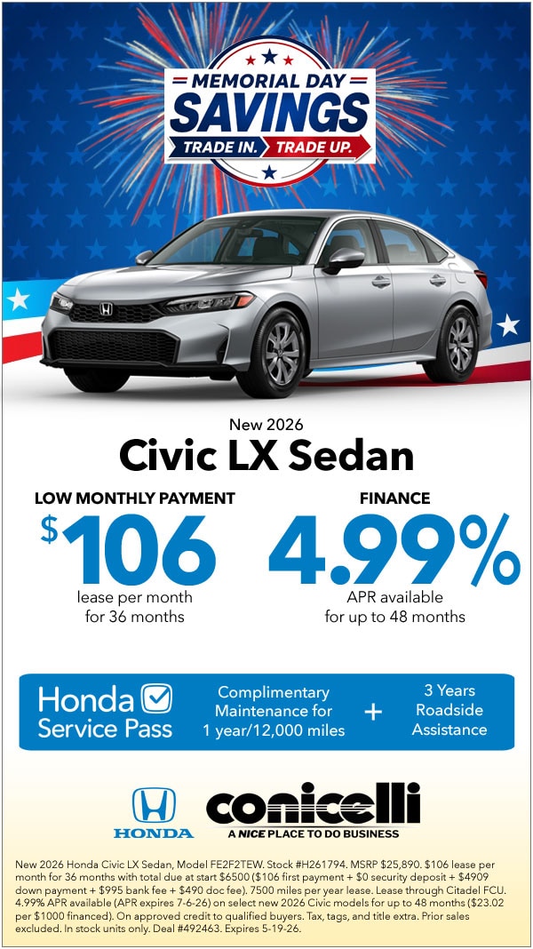 $106/mo. leases a New 2026 Civic LX Sedan! Claim this Special...