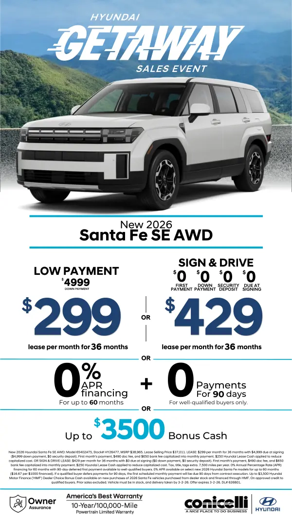 Lease a new 2026 Santa Fe SE AWD for just $299/mo or Lease for $429/mo. with low money down. Claim this Special...