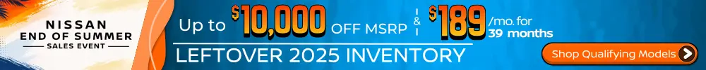 Conicelli Nissan sales banner featuring Up to $10,000 OFF MSRP and leases starting at $189/mo. on remaining new 2025 Nissan models.