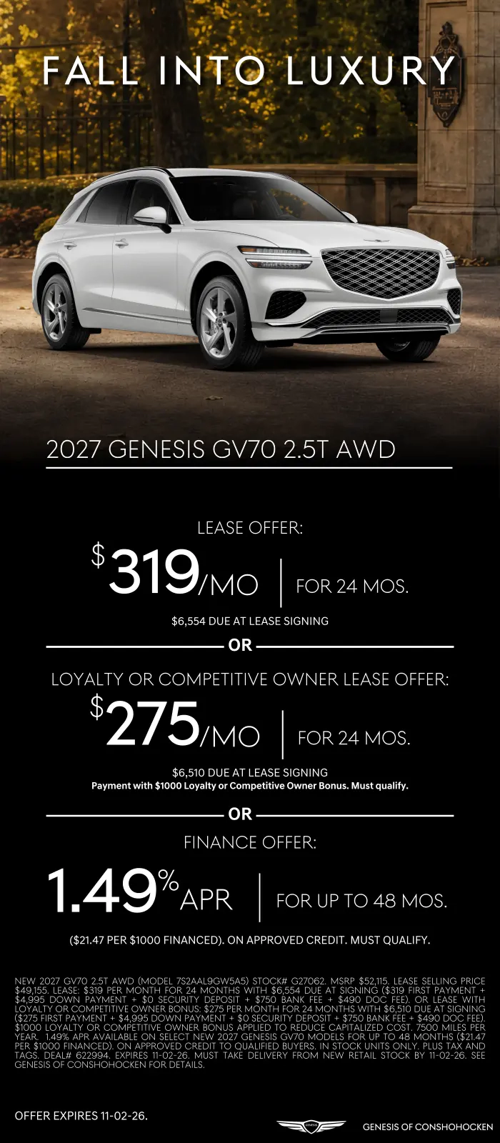 $319/mo. leases a New 2027 Genesis GV70 2.5T! View Specials...