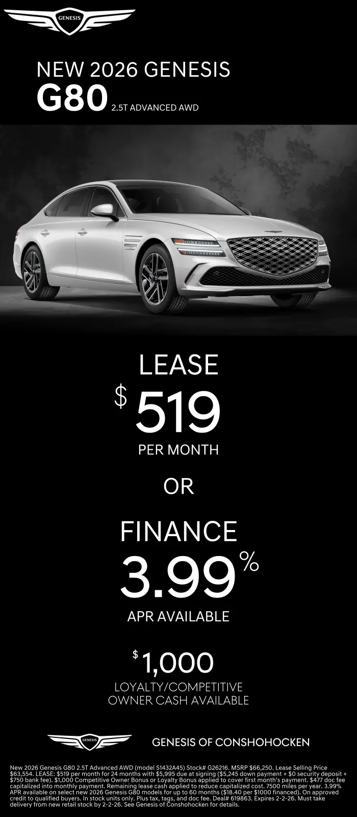 $519/mo. leases a New 2026 Genesis G80! View Specials...