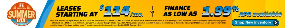Conicelli Honda sales banner featuring leases starting at $114 per month and/or finance rates as low as 1.99% APR available!