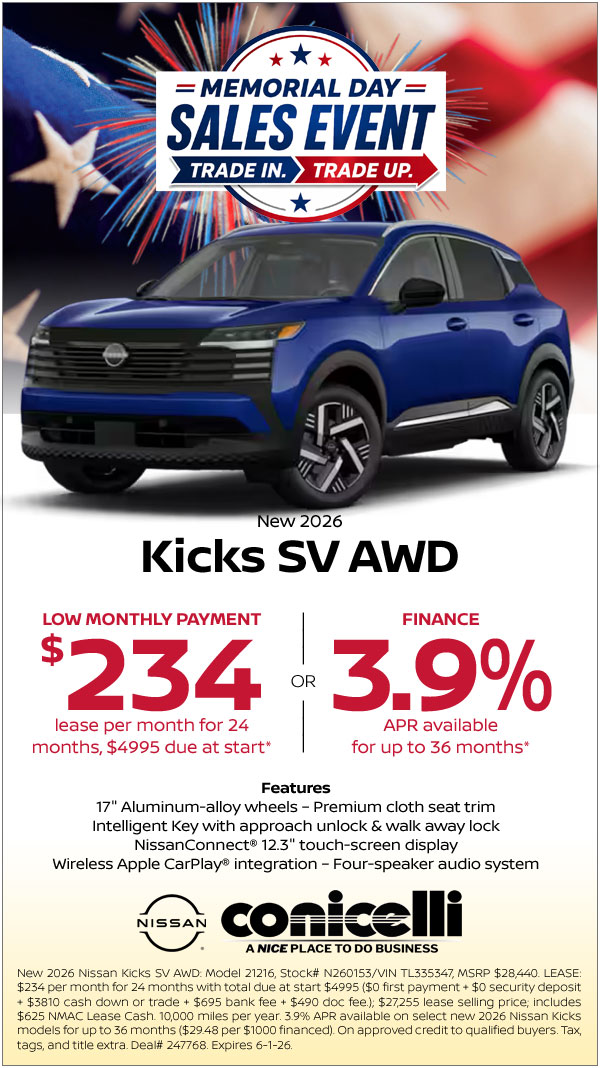 $234/mo. leases a New 2026 Kicks SV AWD at Conicelli Nissan! Claim this Special...