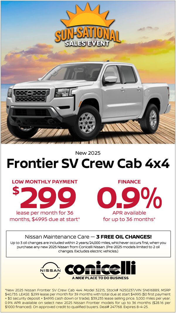 $299/mo. leases a New 2025 Frontier SV Crew Cab 4x4 at Conicelli Nissan!