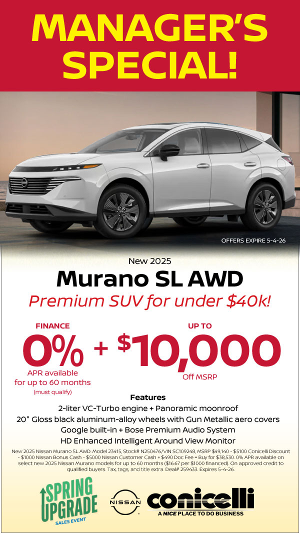 0% APR available on New 2025 Murano SL AWD PLUS up to $10,000 off MSRP!