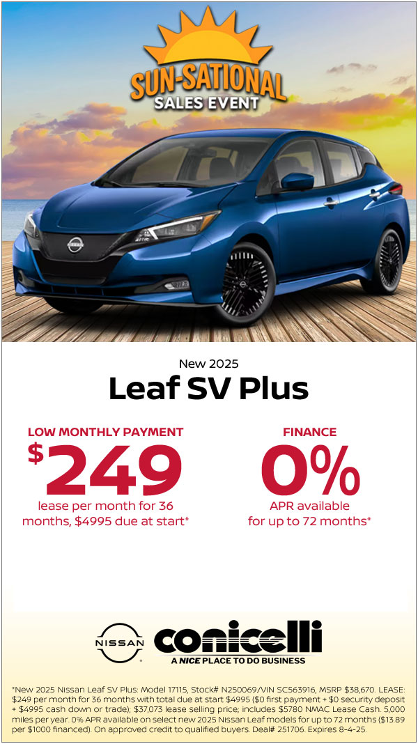 $249/mo. leases a New 2025 Leaf SV Plus at Conicelli Nissan! Claim this Special....