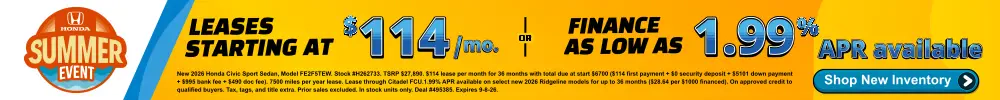 Conicelli Honda sales banner featuring leases starting at $114 per month and/or finance rates as low as 1.99% APR available!
