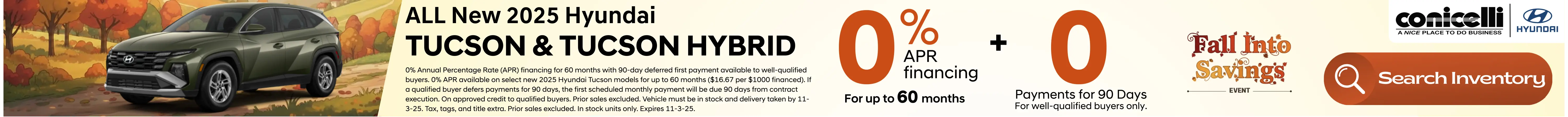 Get 0% interest on a new 2025 Hyundai Tucson at Conicelli Hyundai!