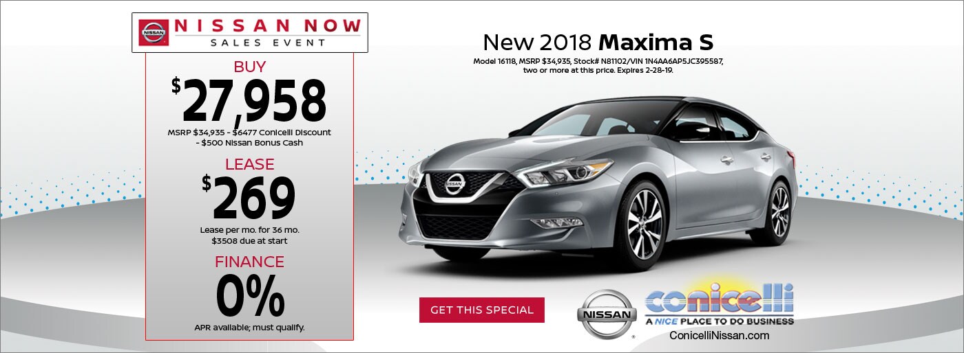 $269/mo. leases a New 2018 Maxima S at Conicelli Nissan. Click or
call 1-888-Conicelli now!