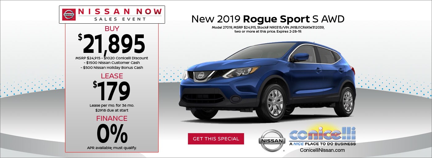$179/mo. leases a New 2019 Rogue Sport S AWD at Conicelli Nissan.
Click or call 1-888-Conicelli now!