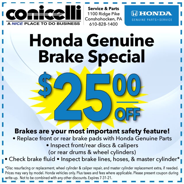 Get 20 Off Front Brake Service at Conicelli Honda when you show this
