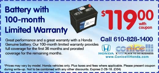 Conicelli honda coupons *All Honda Leases and APR financing offers: Security deposit waived for customers who qualify for automatic approval. To qualify for Conicelli Discount, customer must pay cash, arrange own financing, or have Conicelli arrange financing through one of these preferred lenders: AHFC, PNC, Bank of America, Wells Fargo, Chase, Ally Bank.