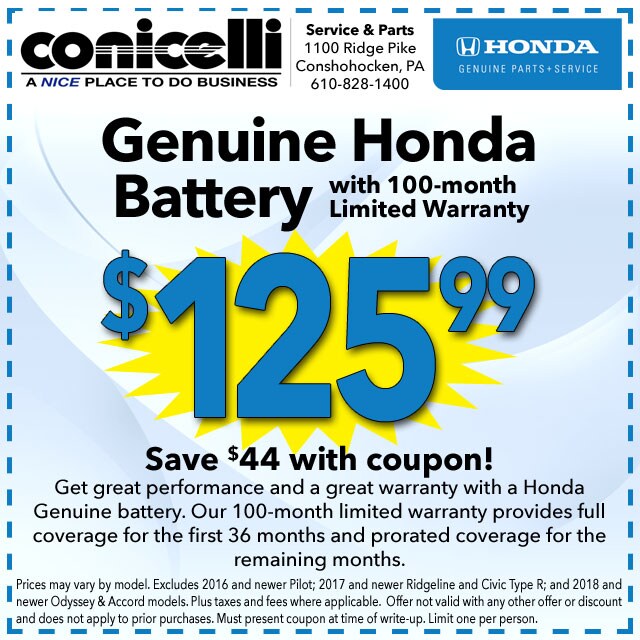 Get a FREE Battery Test at Conicelli Honda when you show this coupon!