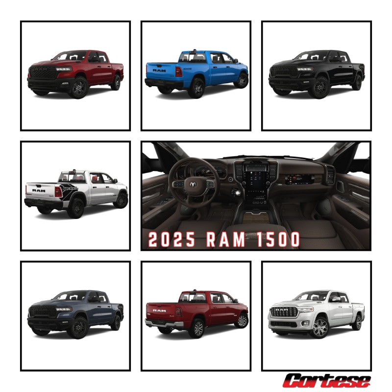  Several new 2025 ram 1500 trucks in boxes around a picture of the interior. The trucks are red, blue, black, silver, white, and maroon