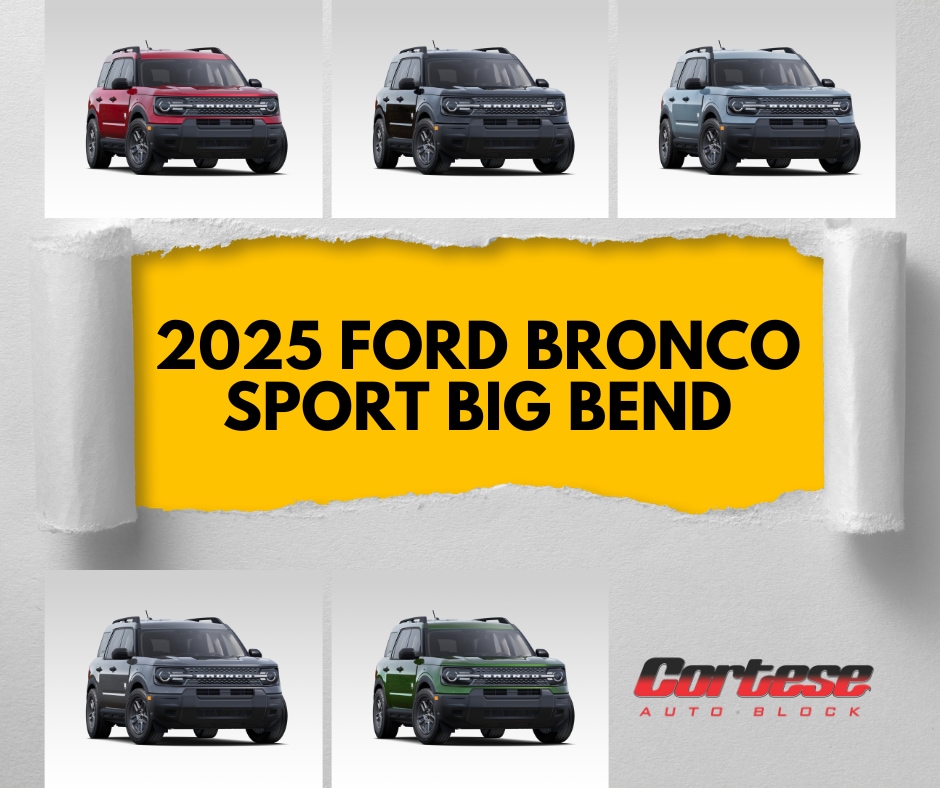 5 colors of 2025 Ford Bronco Sport Big Bend in white boxes on a grey background. In the middle, it's torn out like paper with yellow undeneath and says 2025 Ford bronco Big Bend