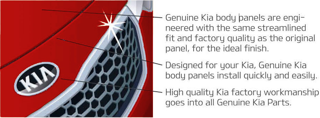 Genuine Kia body panels are engineered with the same streamlined fit and factory quality as the original panel, for the ideal finish. Designed for your Kia, Genuine Kia body panels install quickly and easily. High quality Kia factory workmanship goes into all Genuine Kia Parts.
